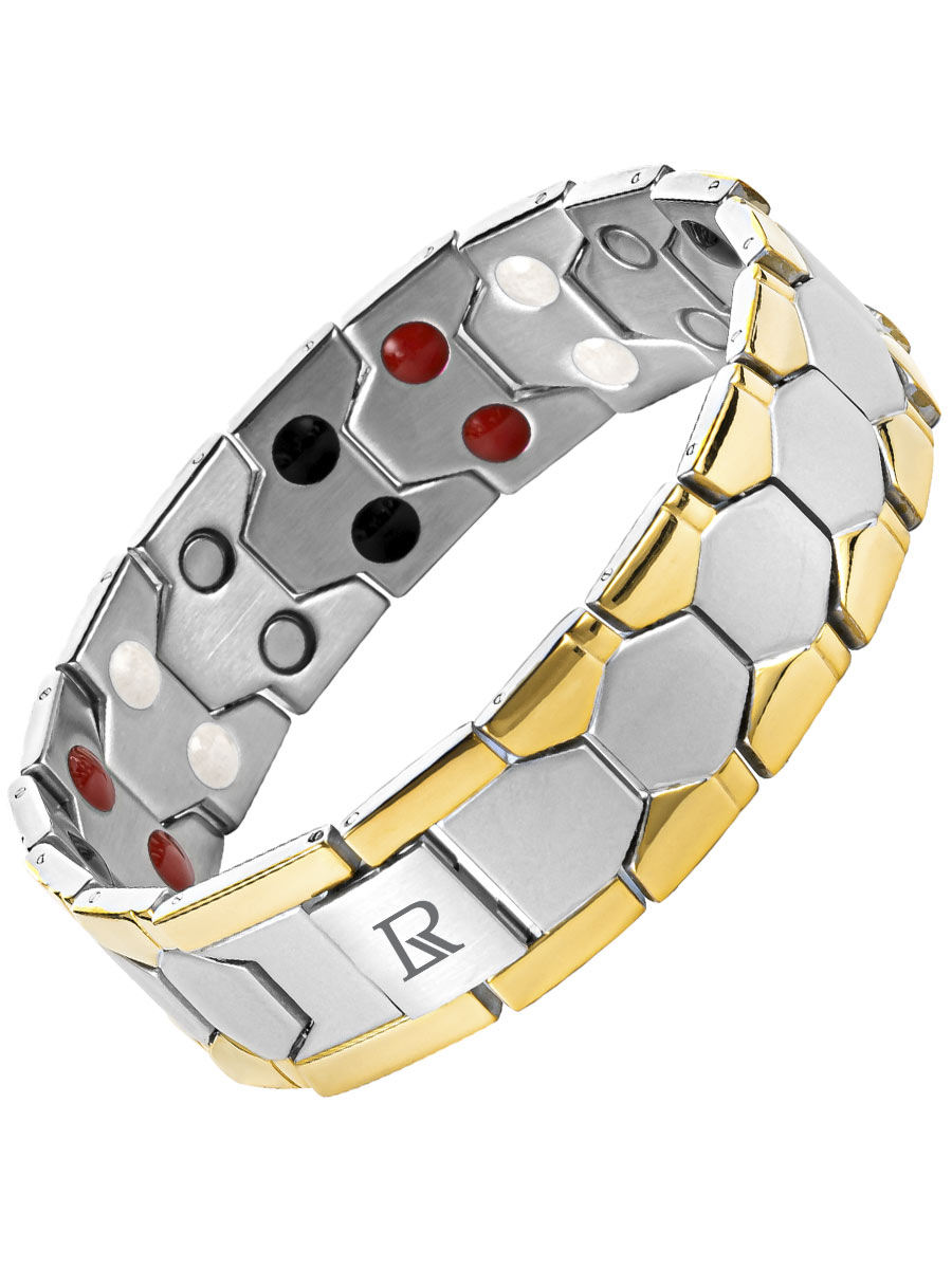 Купить золотистый мужской лечебный магнитный браслет на руку от давления Luxorium Релакс Gold